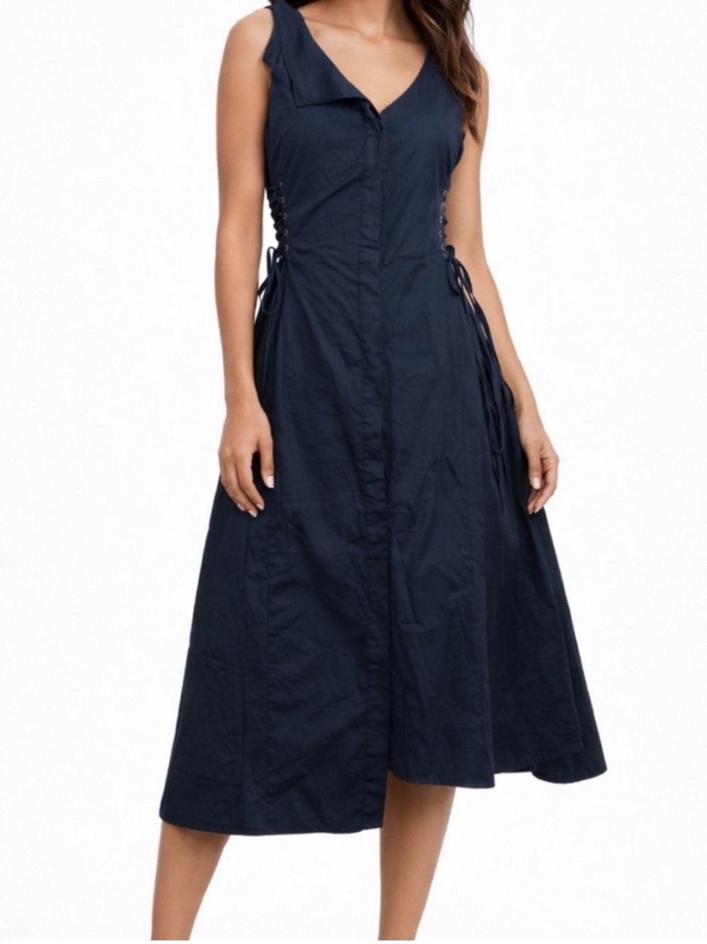 Current Air Anthropologie Midi Fit Flare Dress Navy Lace Up Size Medium NWT